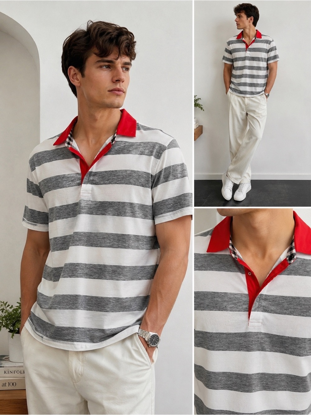 Aquascutum London Gray and White Striped Polo with Red Collar